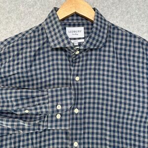 Ledbury Fine Shirting Mens Slim Fit Gingham Button Down Shirt Gray Blue  XL 17.5